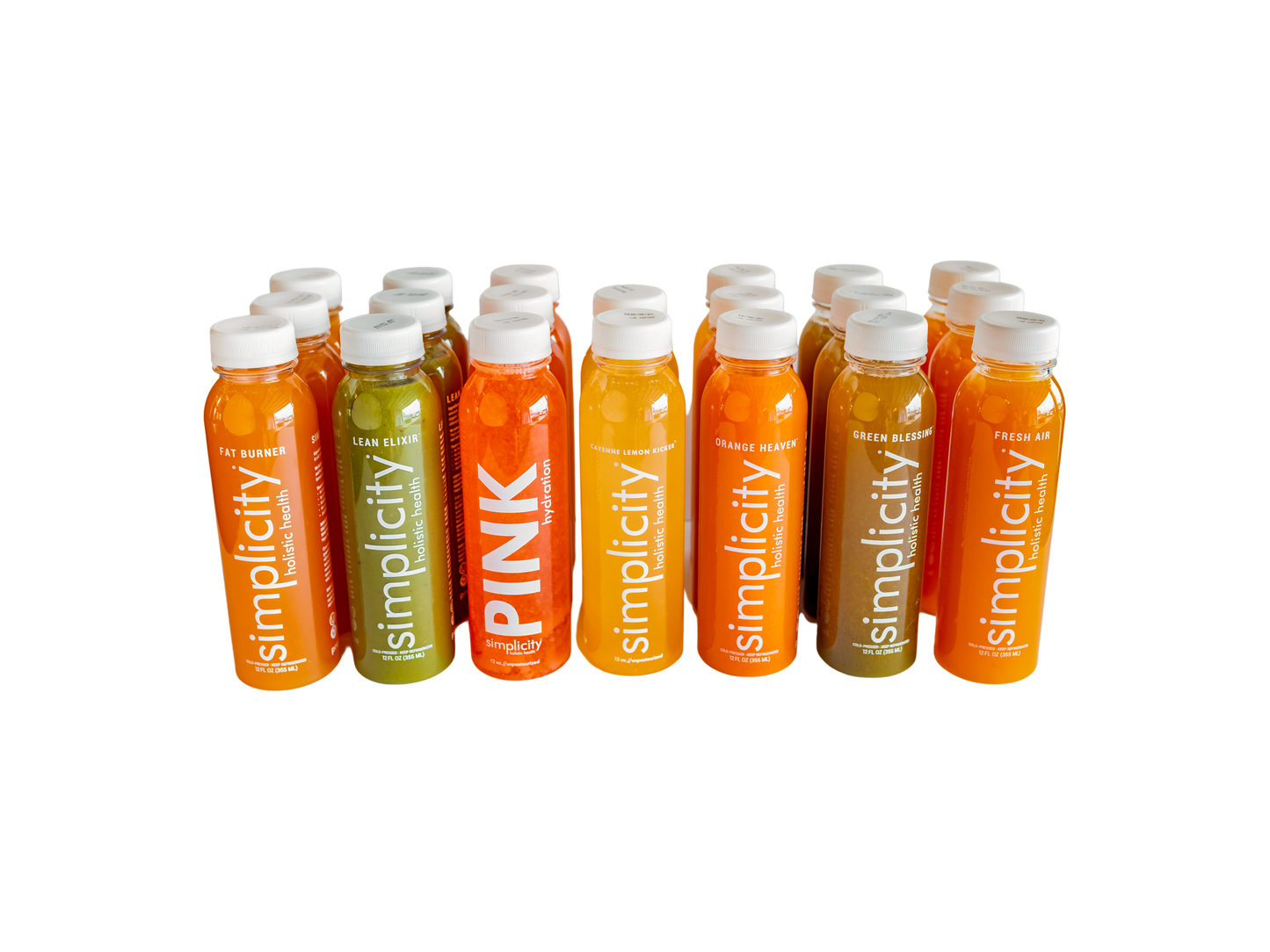 Simplicity Cold-Pressed Juice flavors, 12 12-oz bottles (3 Lean Elixirs, 3 Fat Burners, 3 Fresh Airs, 3 Green Blessings, 2 Orange Heavens, 2 Cayenne Lemon Kickers, 2 Pink Hydrations, and 2 Collagen Colada).