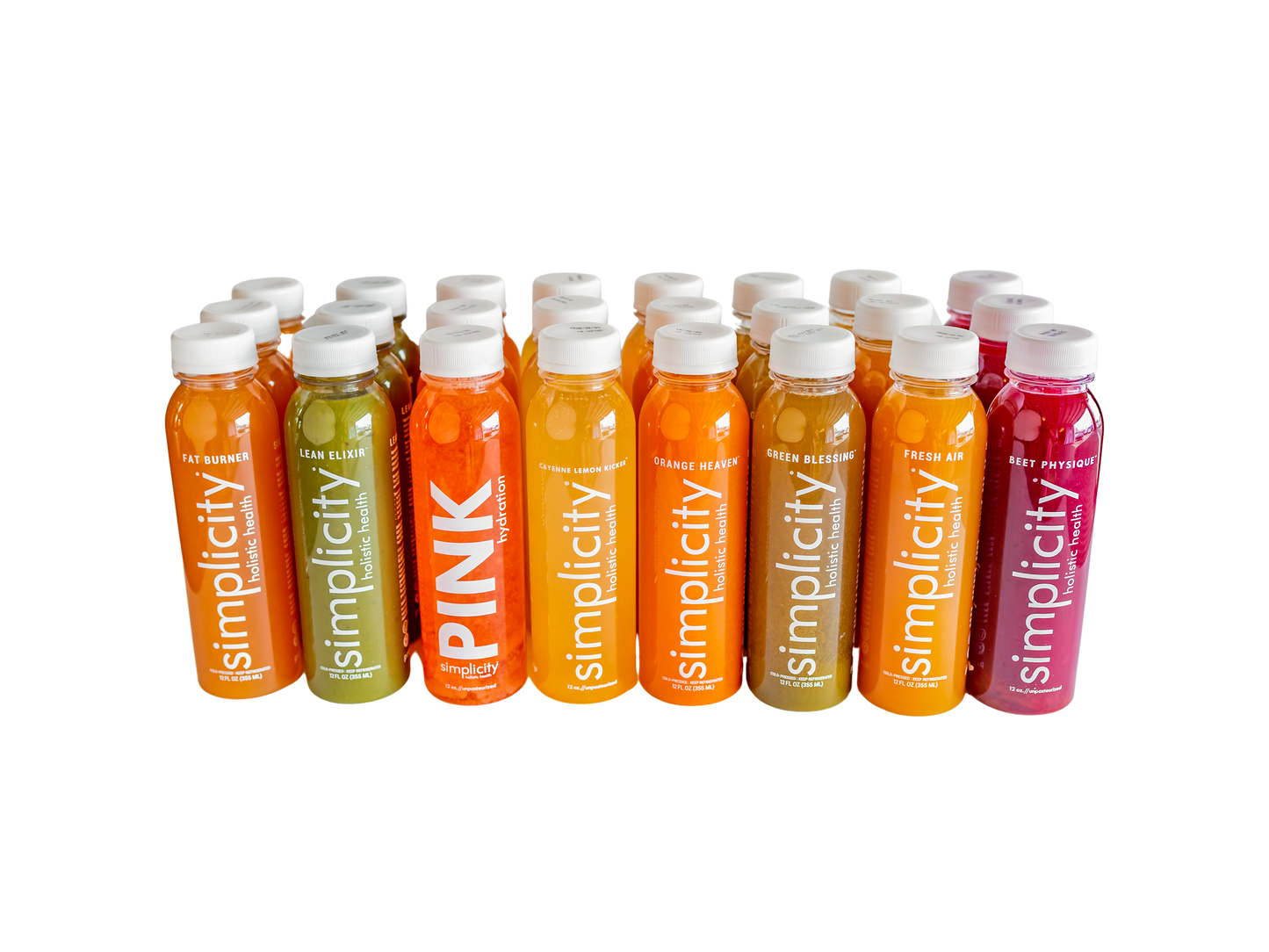Nine Simplicity Cold-Pressed Juice flavors, 24 12-oz bottles (3 Lean Elixirs, 3 Fat Burners, 3 Fresh Airs, 3 Green Blessings, 2 Orange Heavens, 3 Pink Hydrations, 3 Cayenne Lemon Kickers, 2 Beet Physiques, and 2 Collagen Coladas).