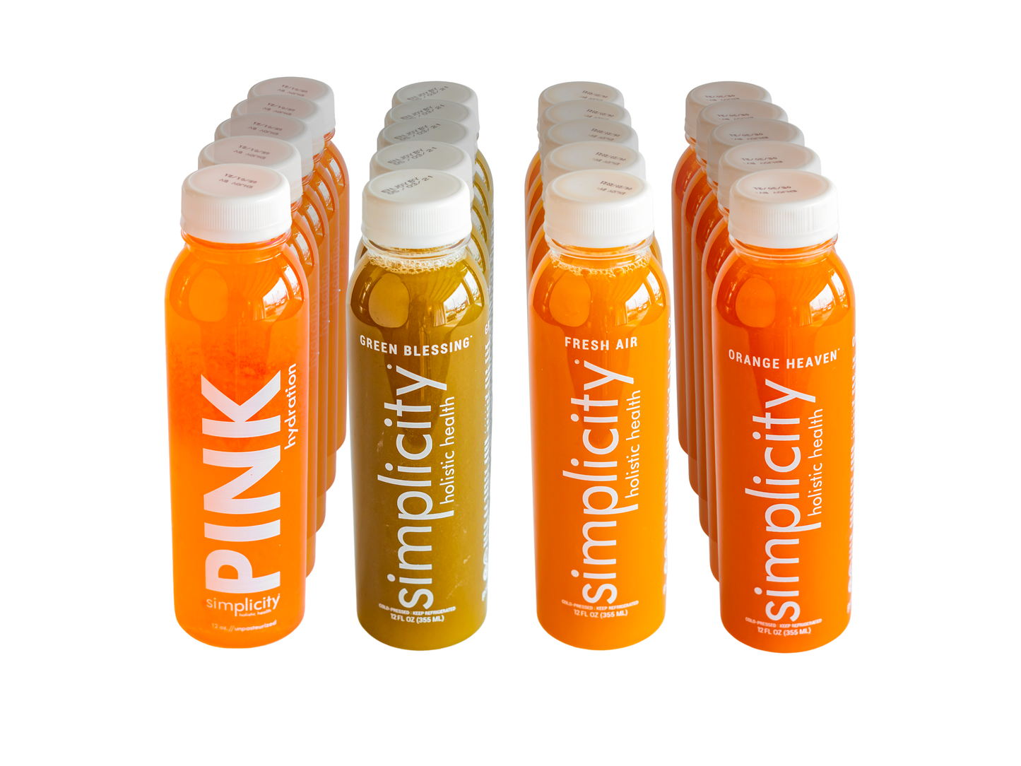 Four Simplicity Cold-Pressed Juice flavors, 12 12-oz bottles (5 Pink Hydration, 5 Green Blessing, 5 Fresh Air, and 5 Orange Heaven).