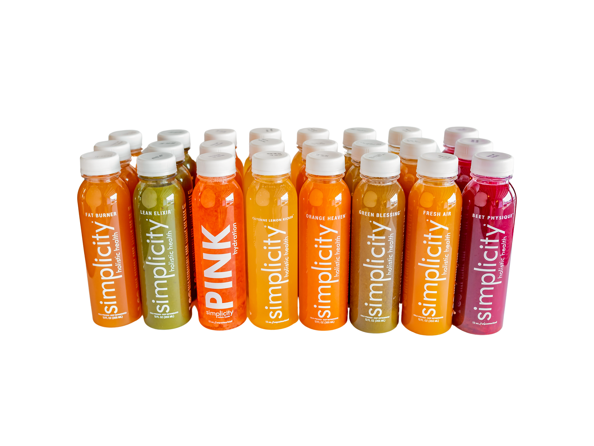 Nine Simplicity Cold-Pressed Juice flavors, 24 12-oz bottles (3 Lean Elixirs, 3 Fat Burners, 3 Fresh Airs, 3 Green Blessings, 2 Orange Heavens, 3 Pink Hydrations, 3 Cayenne Lemon Kickers, 2 Beet Physiques, and 2 Collagen Coladas).