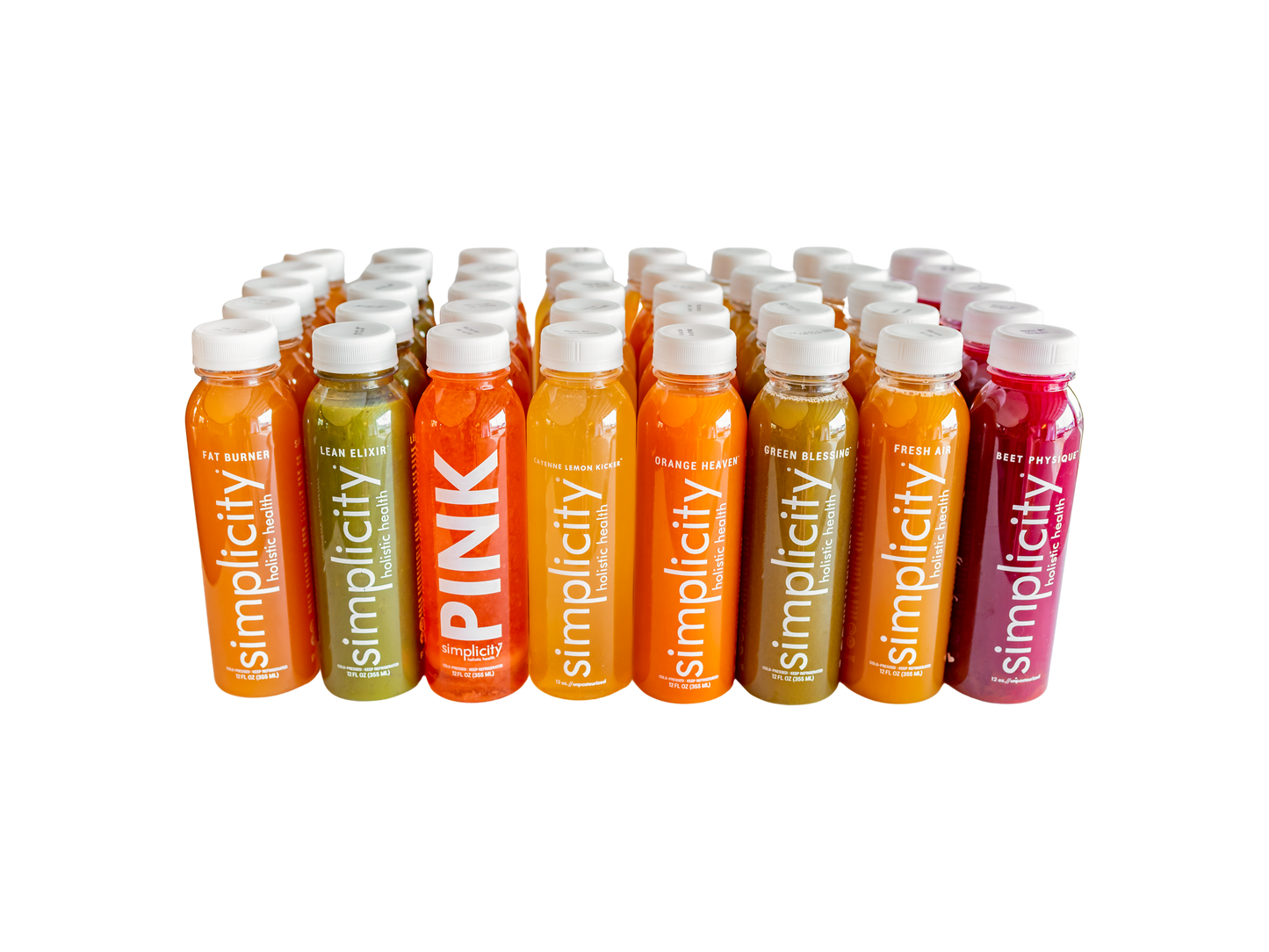 Nine Simplicity Cold-Pressed Juice flavors, 40 12-oz bottles (5 Lean Elixirs, 5 Fat Burners, 5 Fresh Airs, 5 Green Blessings, 4 Orange Heavens, 4 Pink Hydrations, 4 Cayenne Lemon Kickers,  4 Beet Physiques, 4 Collagen Coladas).