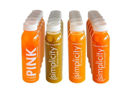 Four Simplicity Cold-Pressed Juice flavors, 12 12-oz bottles (5 Pink Hydration, 5 Green Blessing, 5 Fresh Air, and 5 Orange Heaven).