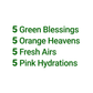 Contents of the Simplicity Big-Juice Boost: 5 Pink Hydration, 5 Green Blessing, 5 Fresh Air, and 5 Orange Heaven.