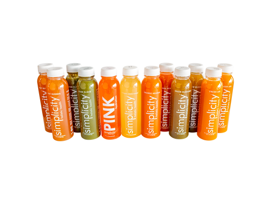 Simplicity Cold-Pressed Juice flavors, 12 12-oz bottles (2 Lean Elixirs, 2 Fat Burners, 2 Fresh Airs, 2 Green Blessings, 1 Orange Heavens, 1 Cayenne Lemon Kickers, 1 Pink Hydrations, and 1 Collagen Colada).